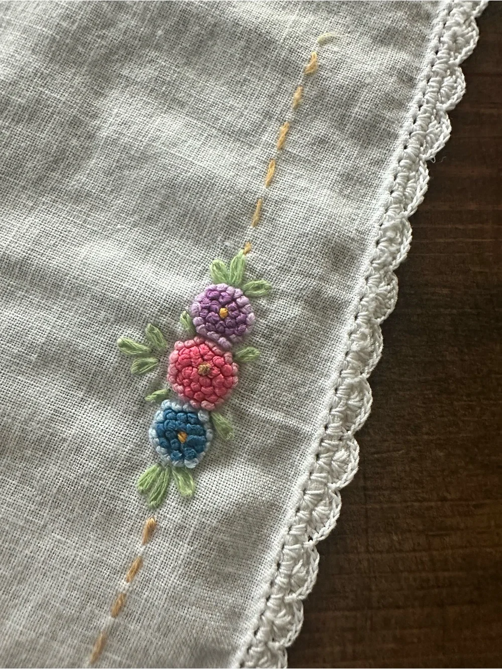 Vintage Hand Embroidered Bread Basket Liner Floral Butterfly Crochet Edge